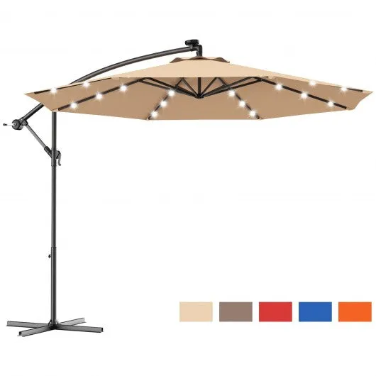 10 Inch Patio Hanging Solar LED Umbrella Sun Shade with Cross Base-Beige