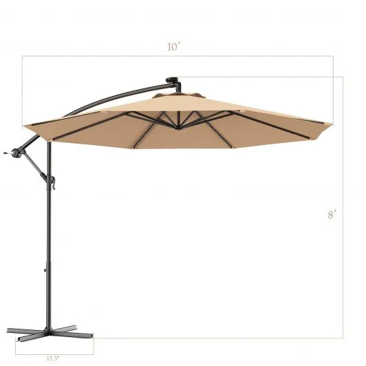 10 Inch Patio Hanging Solar LED Umbrella Sun Shade with Cross Base-Beige