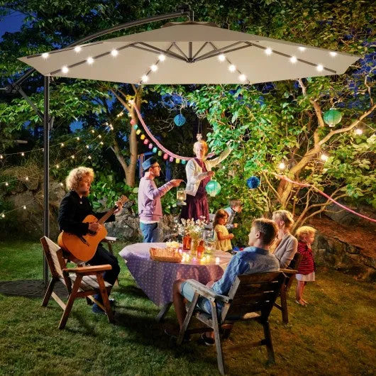 10 Inch Patio Hanging Solar LED Umbrella Sun Shade with Cross Base-Beige