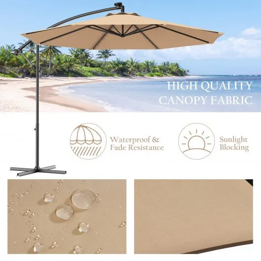 10 Inch Patio Hanging Solar LED Umbrella Sun Shade with Cross Base-Beige