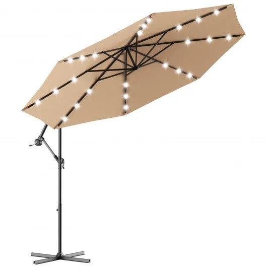 10 Inch Patio Hanging Solar LED Umbrella Sun Shade with Cross Base-Beige