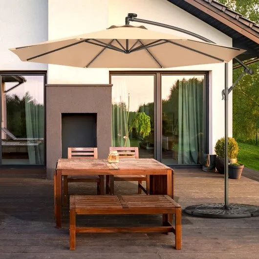 10 Inch Patio Hanging Solar LED Umbrella Sun Shade with Cross Base-Beige