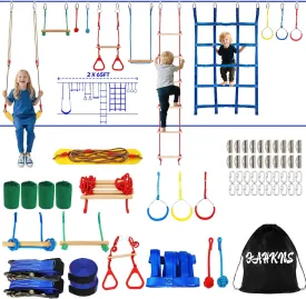 2x65 Ft Ninja Obstacle Course Kit for Kids with Slackline and 12 Fun Accessories Including Climbing Net, Rope Ladder, Monkey Bars, Ninja Obstacle Course for Kids Ages 3  with 440lbs Weight Capacity