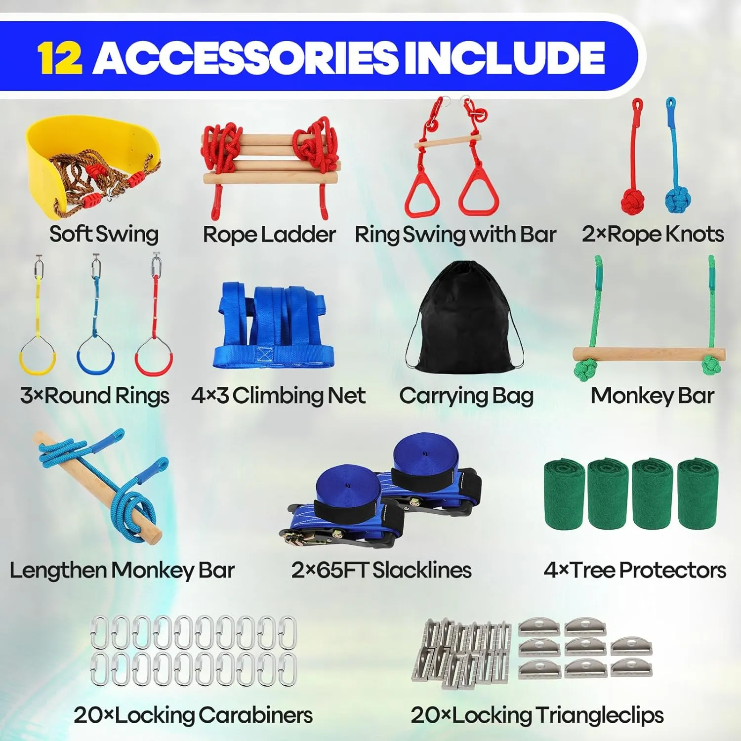 2x65 Ft Ninja Obstacle Course Kit for Kids with Slackline and 12 Fun Accessories Including Climbing Net, Rope Ladder, Monkey Bars, Ninja Obstacle Course for Kids Ages 3  with 440lbs Weight Capacity
