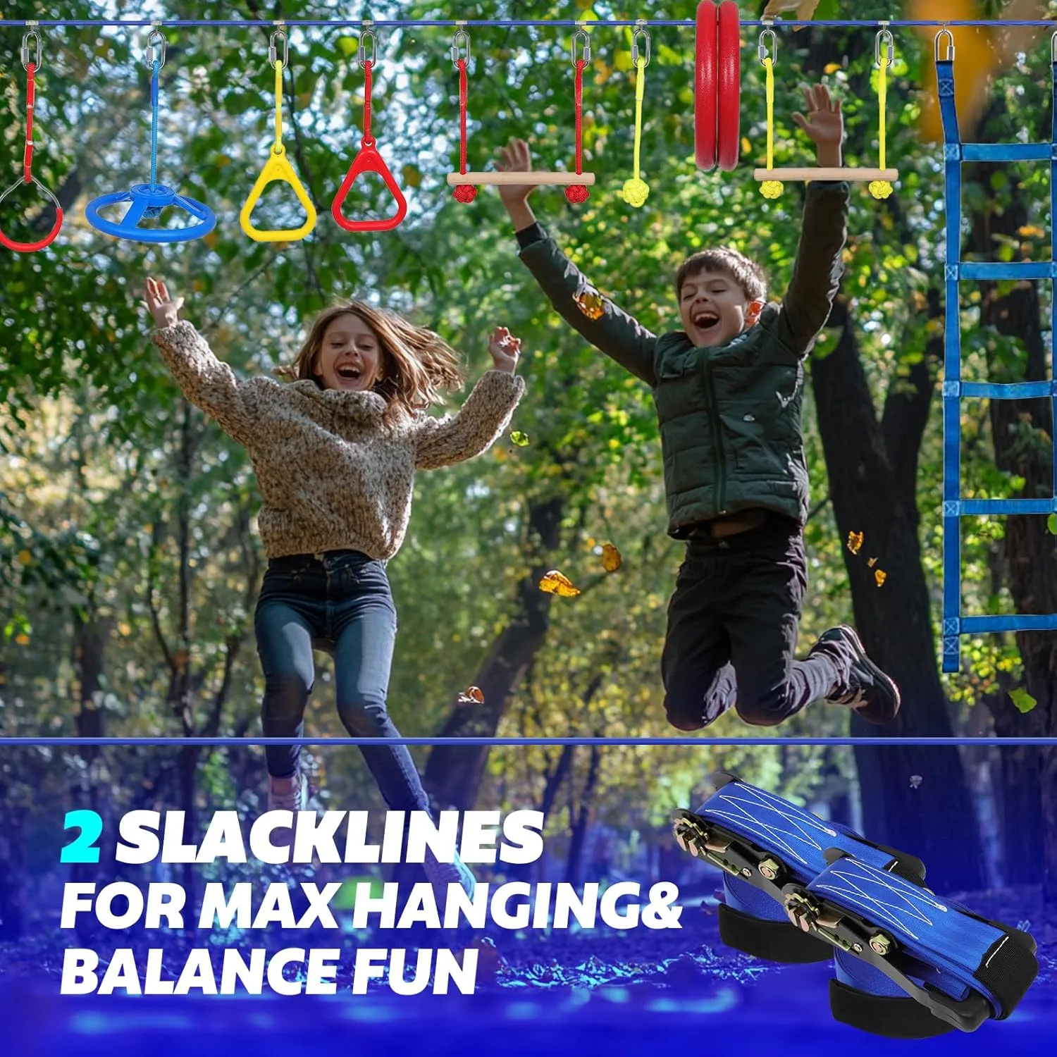 2x65 Ft Ninja Obstacle Course Kit for Kids with Slackline and 12 Fun Accessories Including Climbing Net, Rope Ladder, Monkey Bars, Ninja Obstacle Course for Kids Ages 3  with 440lbs Weight Capacity