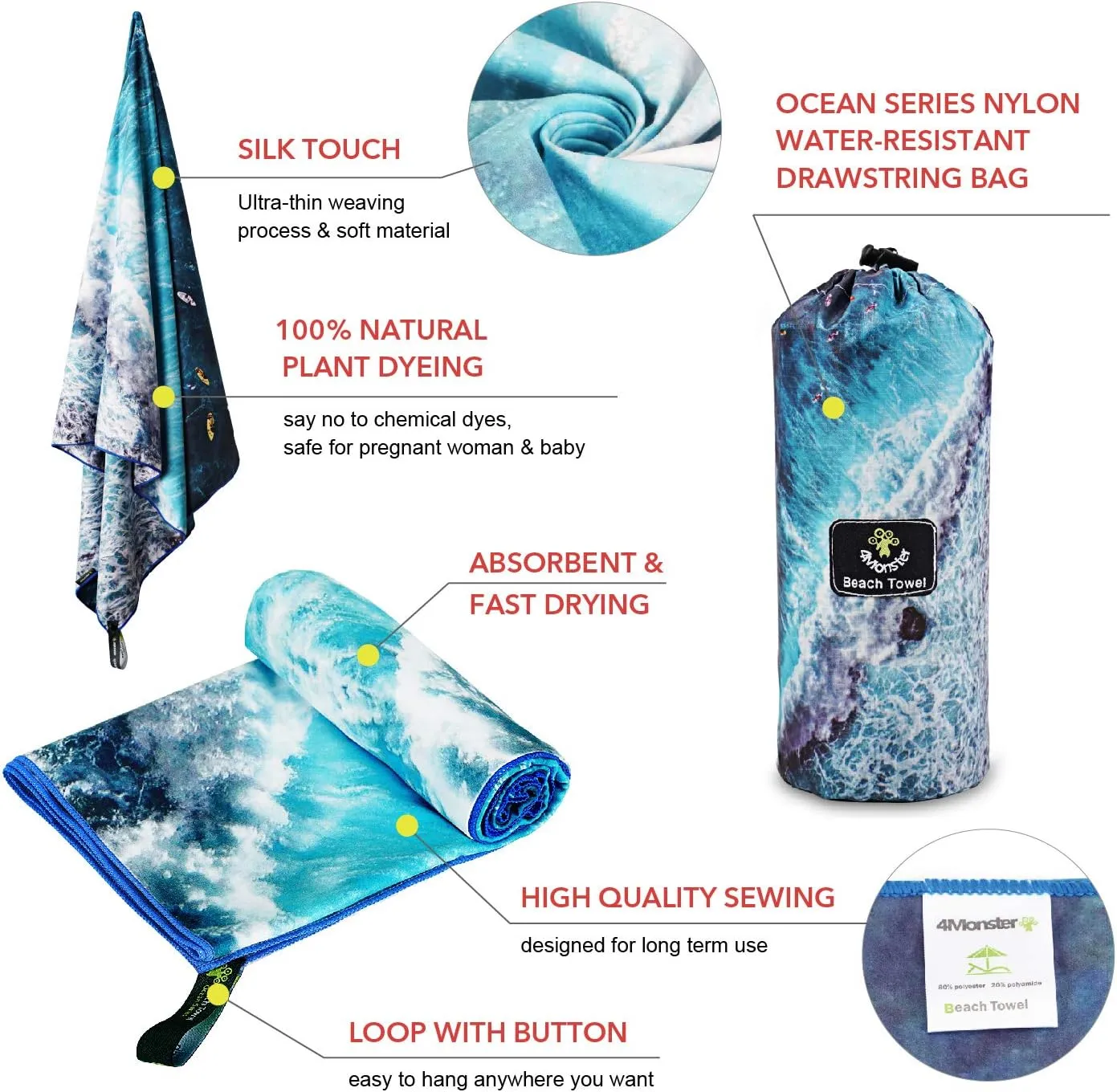 4Monster Microfiber Beach Towel Quick Dry,Super Absorbent Lightweight Travel Towel for Swimmers, Sand Free Camping Towel, Beach Towels for Pool, Swim, Water Sports,Yoga,Gym,Backpacking
