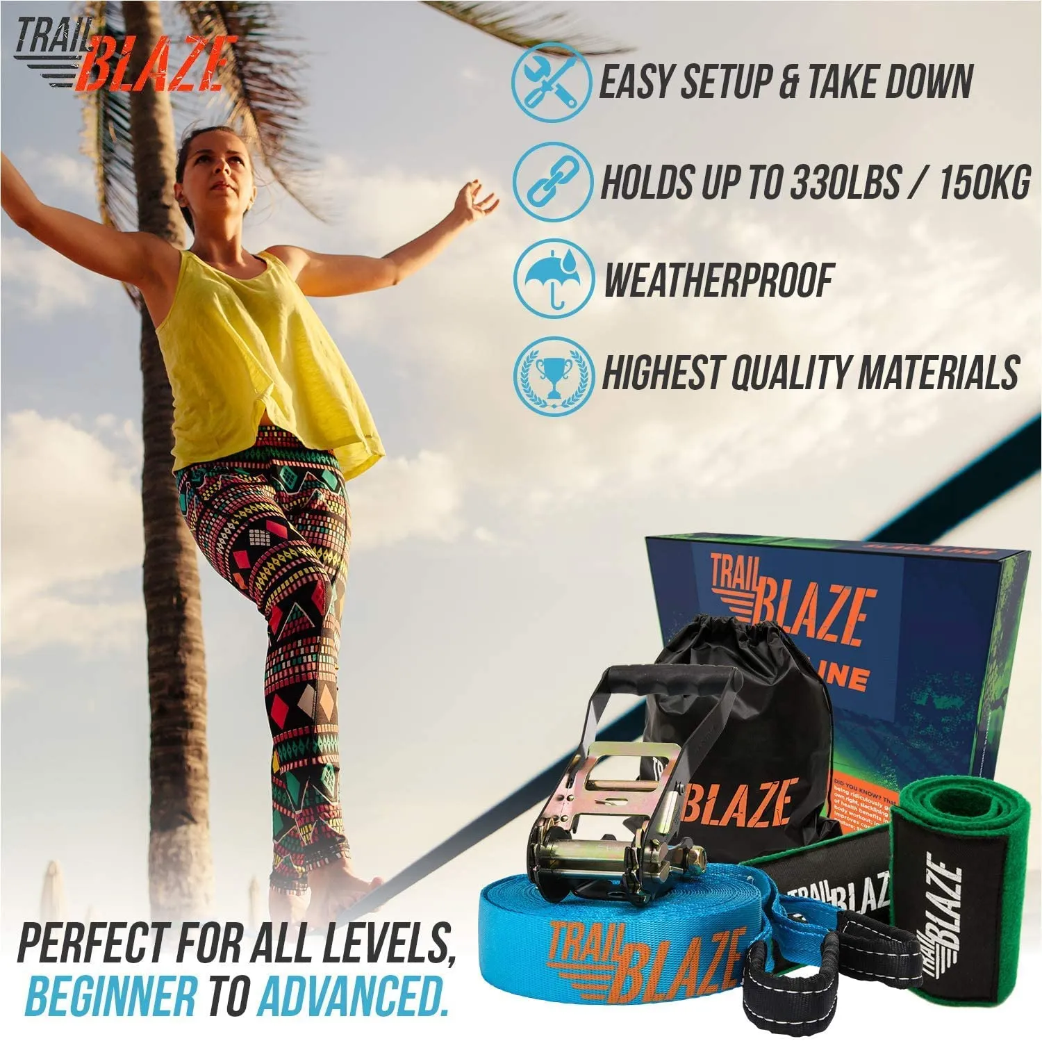 60 Feet Slackline Set with Ratchet Cover Tree Protector Carry Bag Gift Box