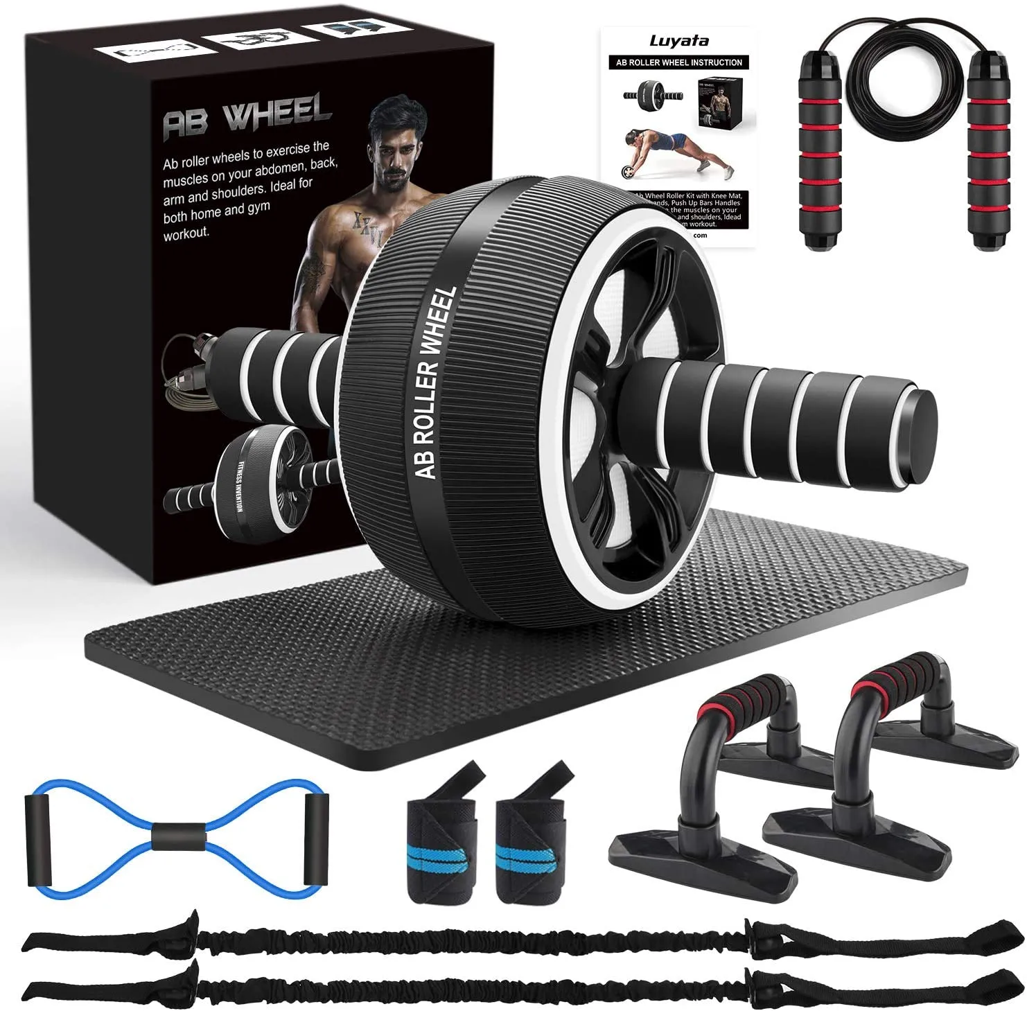 Ab Roller Wheel, 10-In-1 Ab Exercise Wheels Kit with Resistance Bands, Knee Mat, Jump Rope, Push-Up Bar - Home Gym Equipment for Men Women Core Strength & Abdominal Exercise