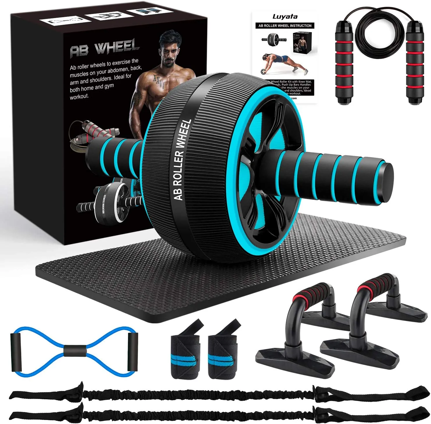 Ab Roller Wheel, 10-In-1 Ab Exercise Wheels Kit with Resistance Bands, Knee Mat, Jump Rope, Push-Up Bar - Home Gym Equipment for Men Women Core Strength & Abdominal Exercise