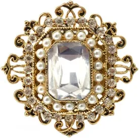 Antique Rhinestone Brooch Pin for Women Girls Gold Tone Vintage Baroque Rectangle Crystal Shell Pearl Boho Victorian Style Brooches Lapel Pins Elegant Wedding Christmas Festival Ornament Jewelry Gift