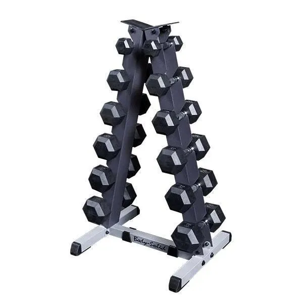 Body-Solid Rubber Hex Dumbbell 5-30lb Vertical Package