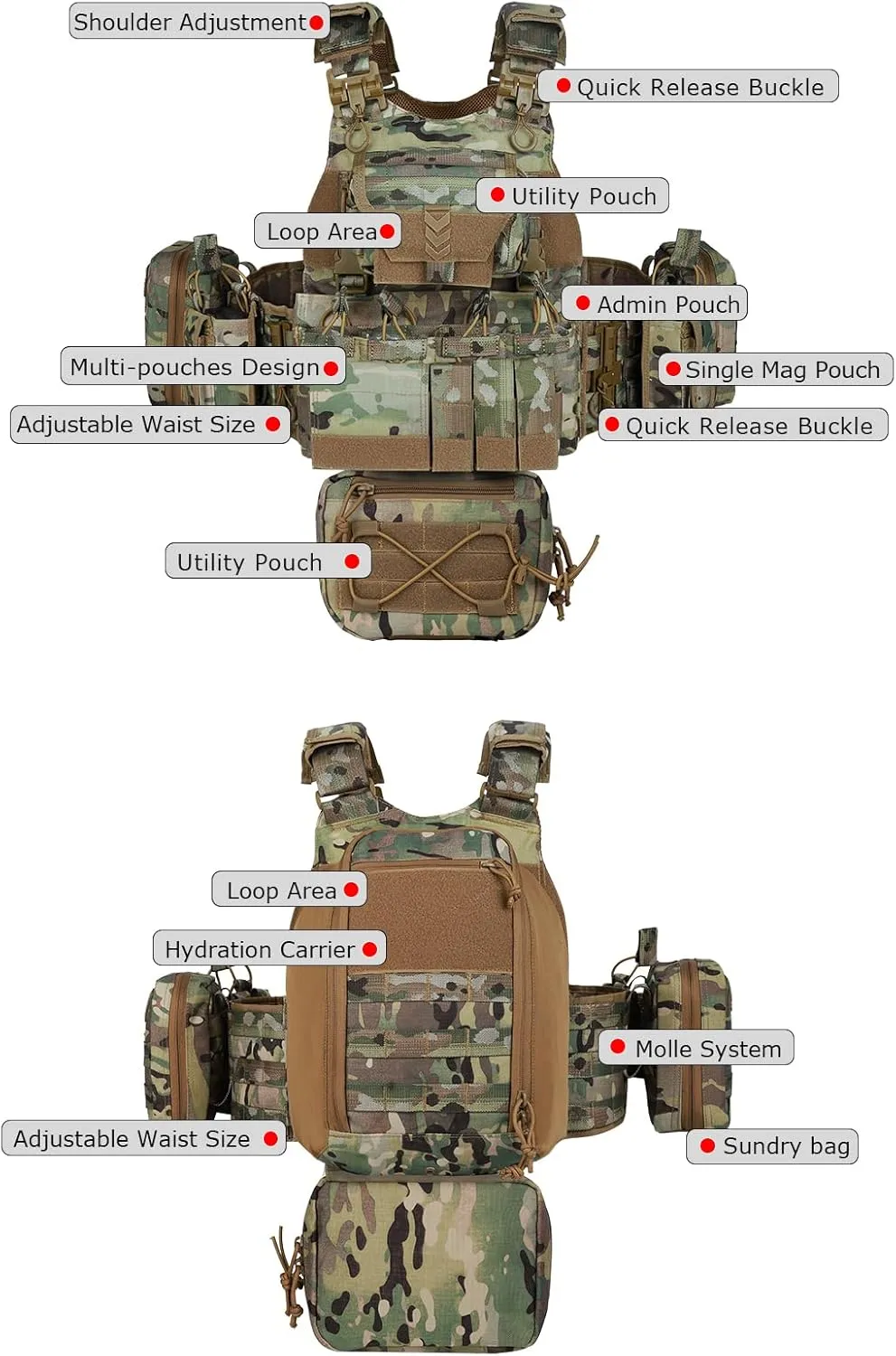 BOMTURN Great Tactical Outdoor Vest for Men Quick Release Buckle Adjustable&Detachable Modular Molle Vest