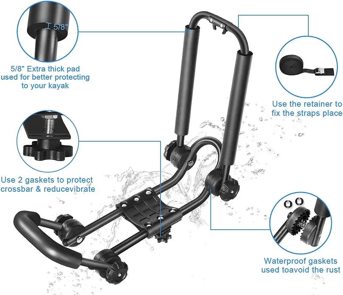 DRSPORTS Double Folding J-Bar Rack for Kayak Carrier Canoe Boat Paddle Board Surfboard Roof Top Mount on Car SUV Truck Crossbar (2 Pairs)