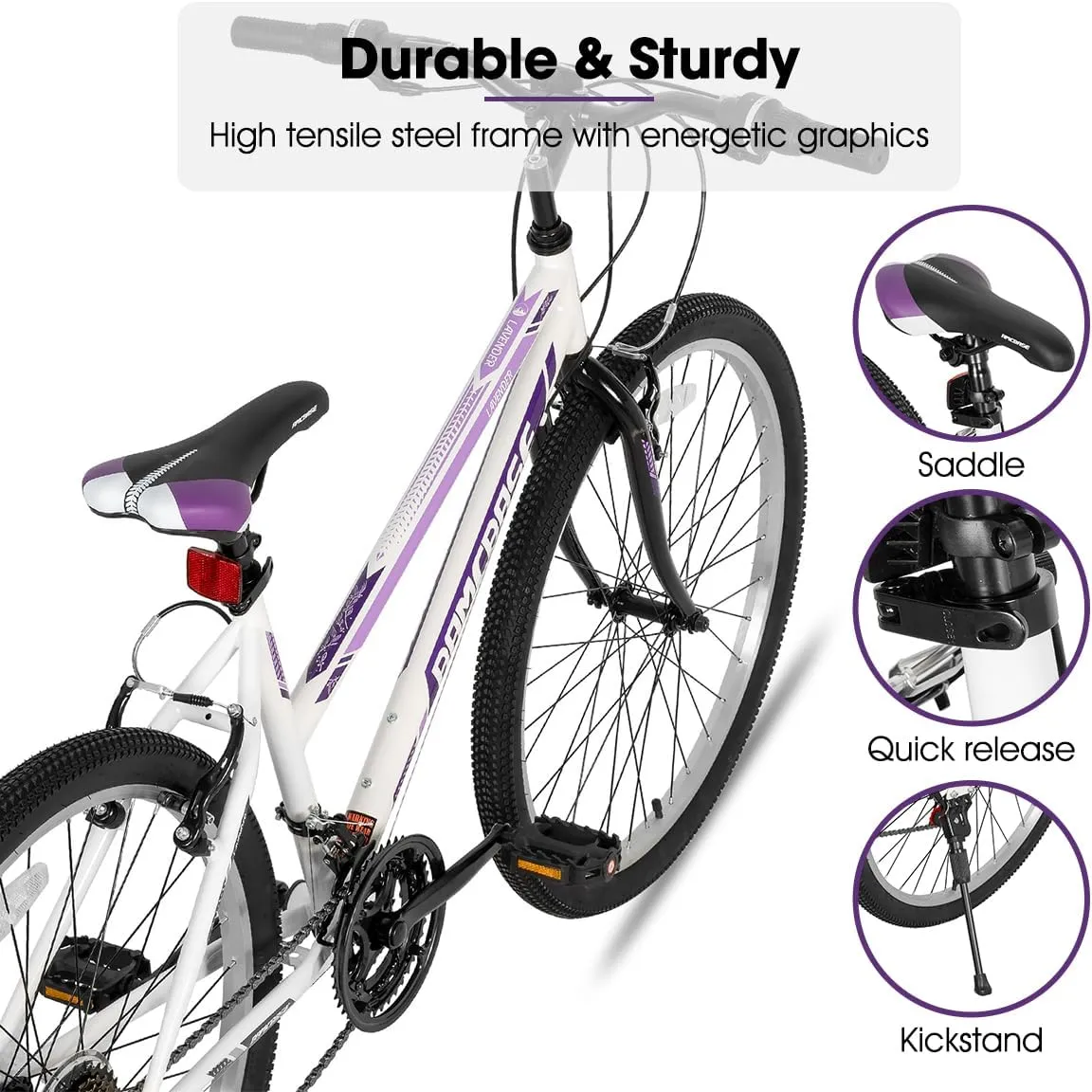 HH HILAND Bamcbase Womens Mountain Bike, 24 26 Inch 21 Speeds Hybrid Commuter Bicycle for Adults, Sport Hardtail Trail MTB