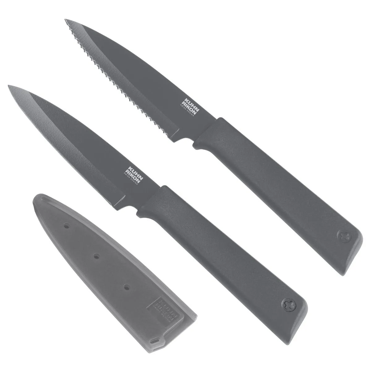 Kuhn Rikon COLORI  Non-Stick Straight & Serrated Paring Knife Set, Graphite Grey
