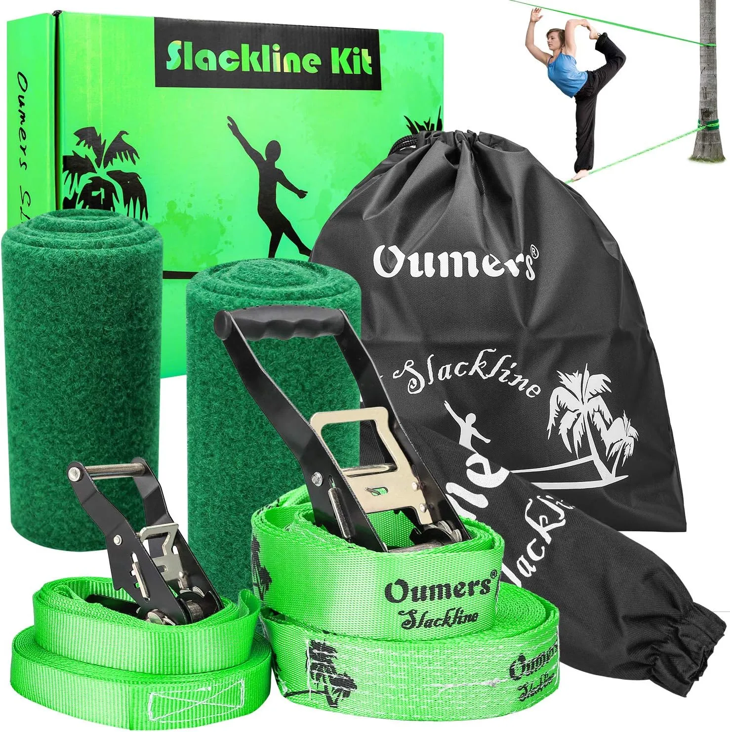 Oumers Beginner Slackline Kit, 50ft Main Balance Line, Training Line, Tree Protector, Ratchet Cover, Carry Bag, Green Nylon Webbing, 300lbs Load Capacity