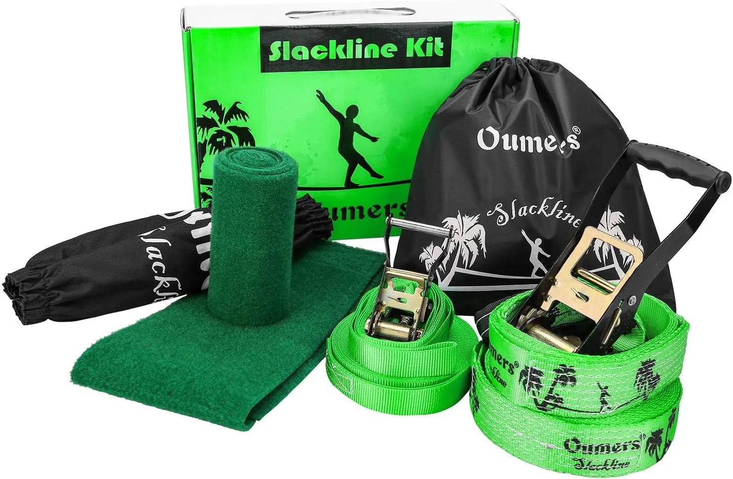 Oumers Beginner Slackline Kit, 50ft Main Balance Line, Training Line, Tree Protector, Ratchet Cover, Carry Bag, Green Nylon Webbing, 300lbs Load Capacity
