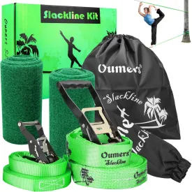 Oumers Beginner Slackline Kit, 50ft Main Balance Line, Training Line, Tree Protector, Ratchet Cover, Carry Bag, Green Nylon Webbing, 300lbs Load Capacity