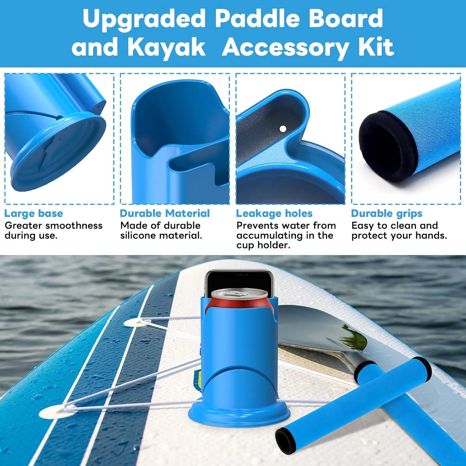 Paddle Board and Kayak Cup Holder, Paddle Grips, Paddle Board and Kayak Accessories Kit (Blue)