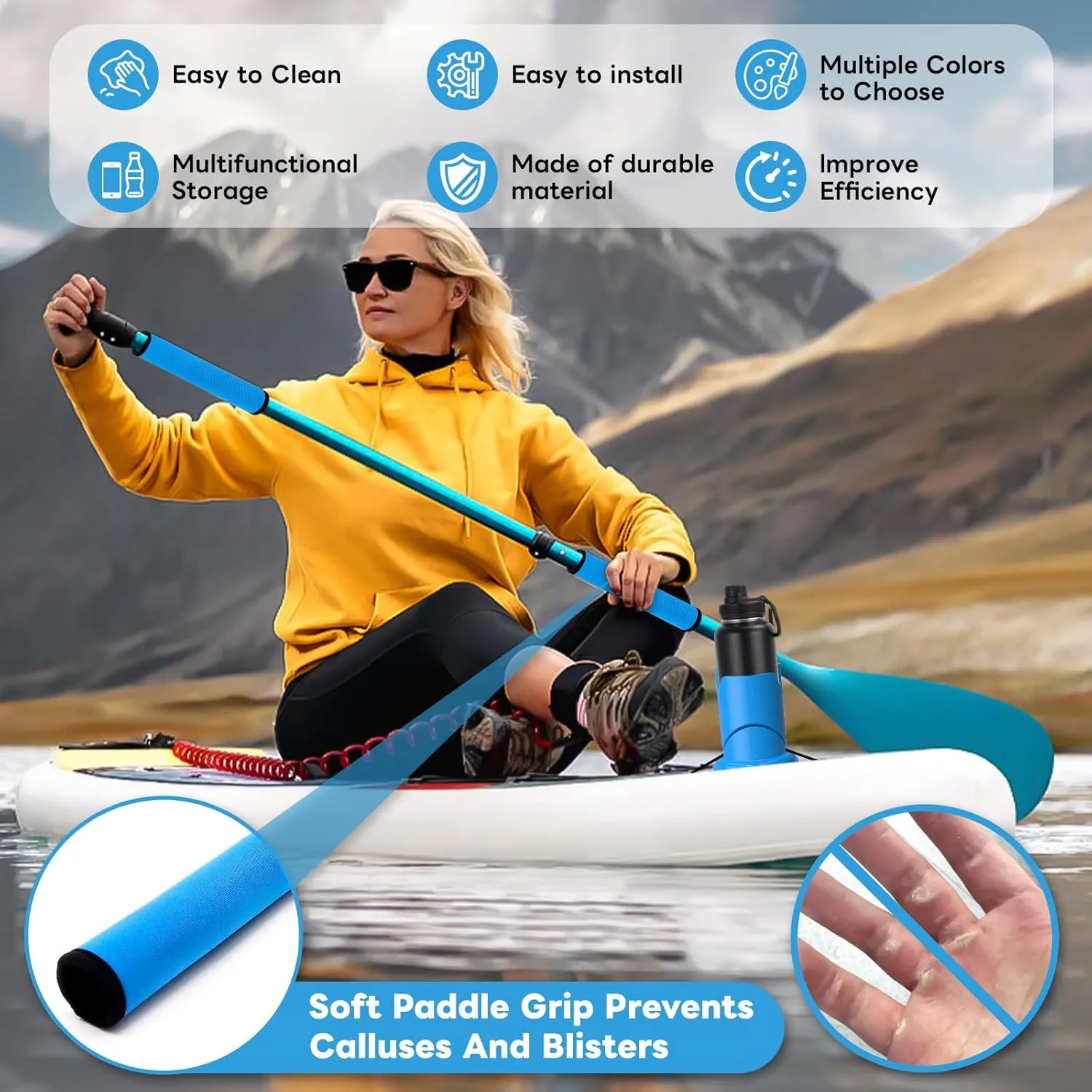 Paddle Board and Kayak Cup Holder, Paddle Grips, Paddle Board and Kayak Accessories Kit (Blue)