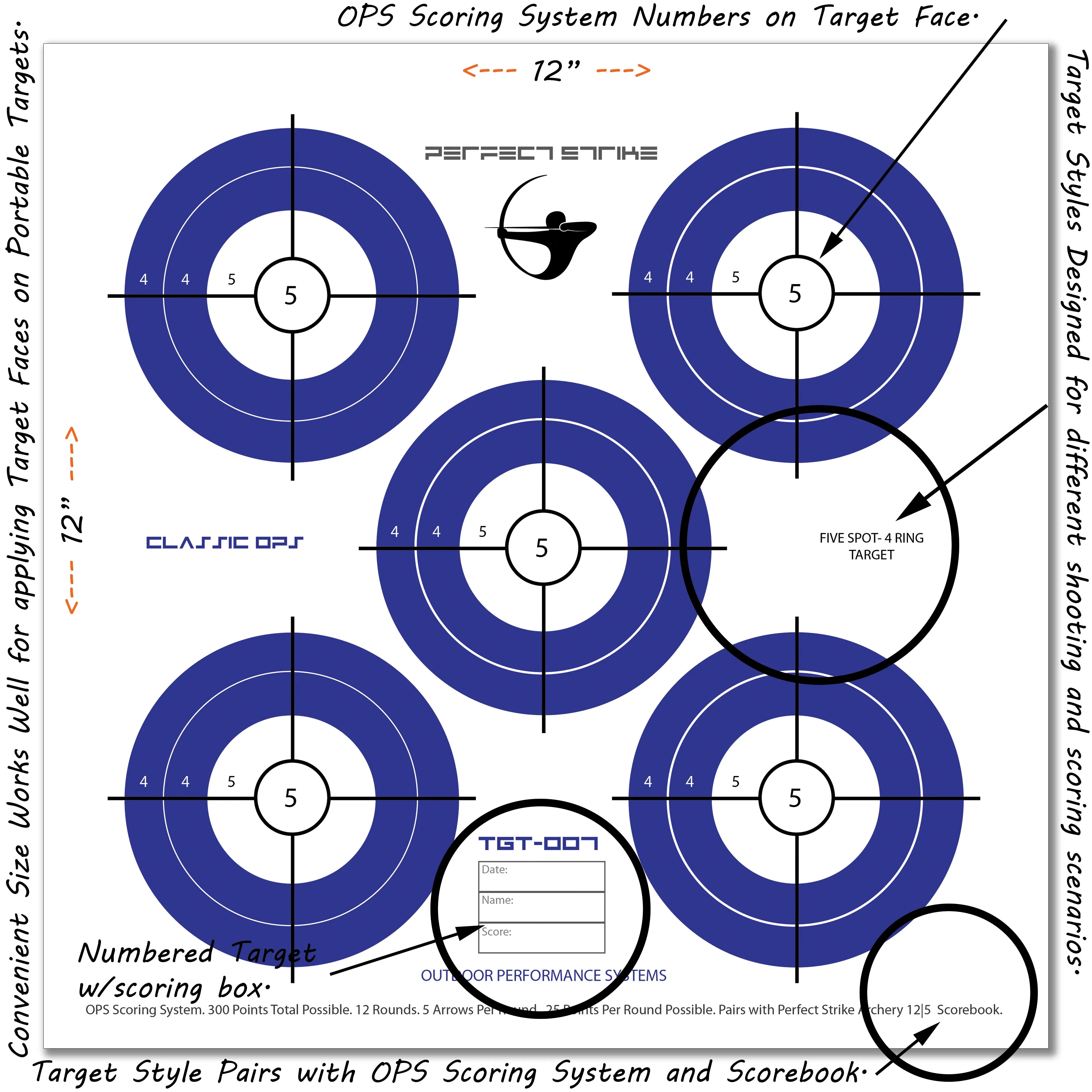 Perfect Strike ARCHERY SYSTEM Targets. CLASSIC OPS No. 007. Five Spot. 12" x 12". (24 Targets.)