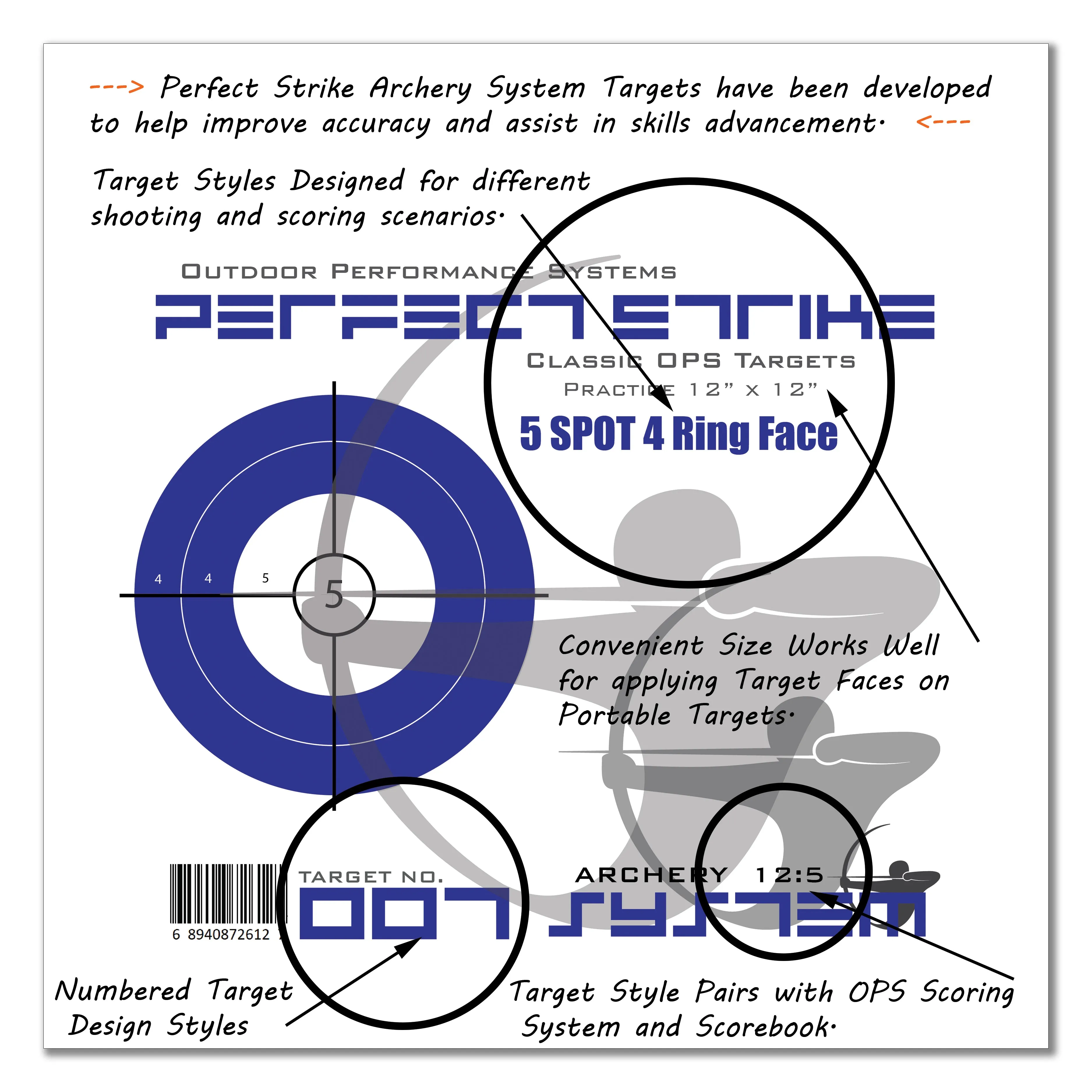 Perfect Strike ARCHERY SYSTEM Targets. CLASSIC OPS No. 007. Five Spot. 12" x 12". (24 Targets.)