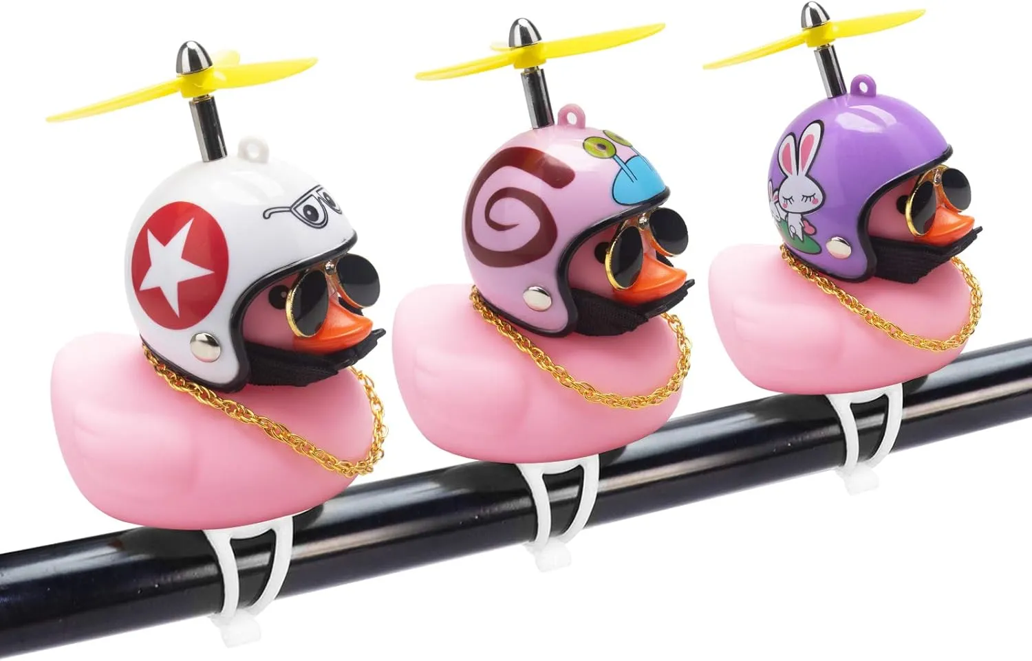 Rubber Duck Car Ornaments, 2Pcs Yellow Duck Car Dashboard Decorations Squeeze Duck Bicycle Horns with Propeller Helmet