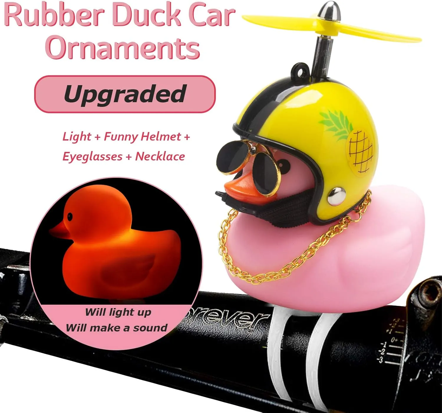 Rubber Duck Car Ornaments, 2Pcs Yellow Duck Car Dashboard Decorations Squeeze Duck Bicycle Horns with Propeller Helmet