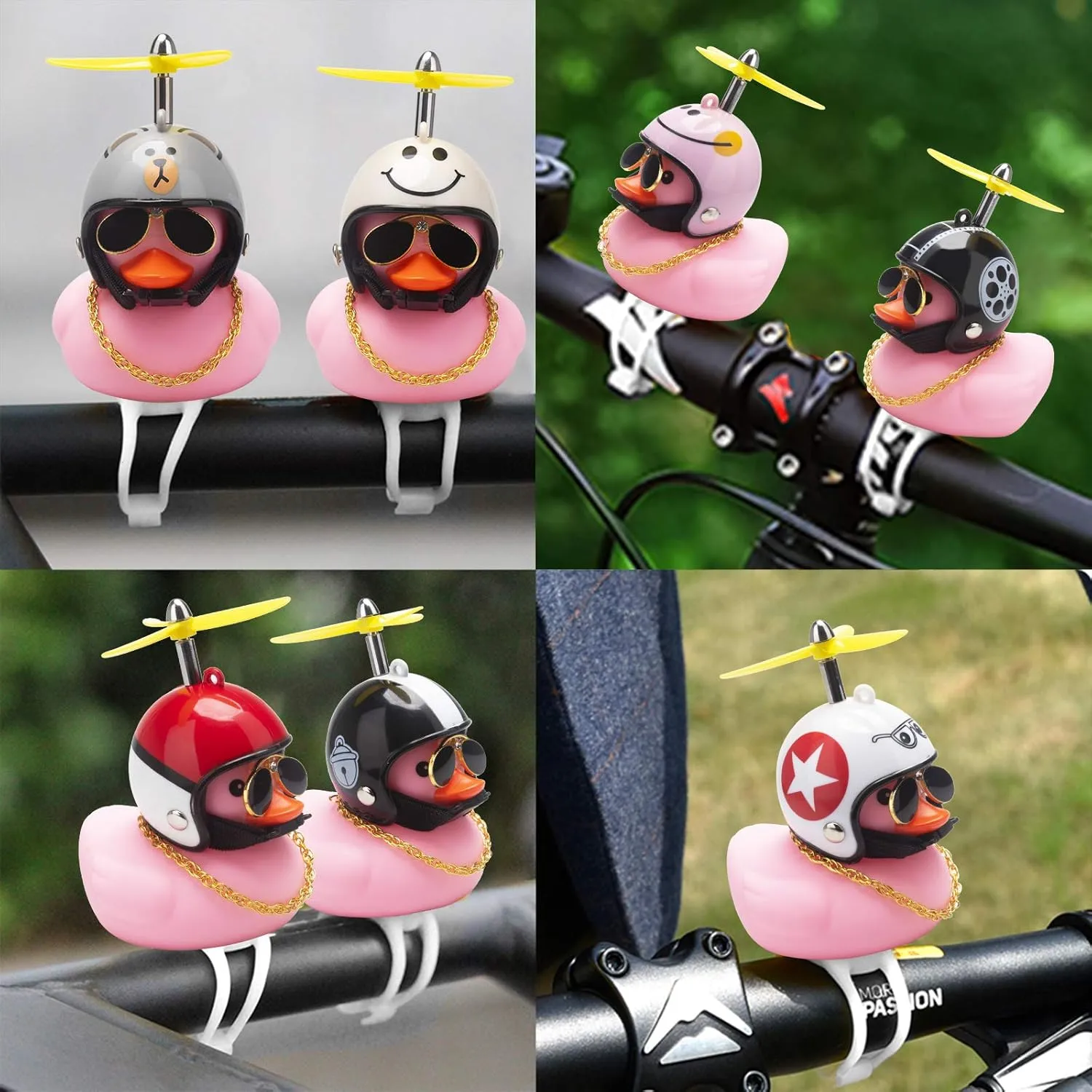 Rubber Duck Car Ornaments, 2Pcs Yellow Duck Car Dashboard Decorations Squeeze Duck Bicycle Horns with Propeller Helmet
