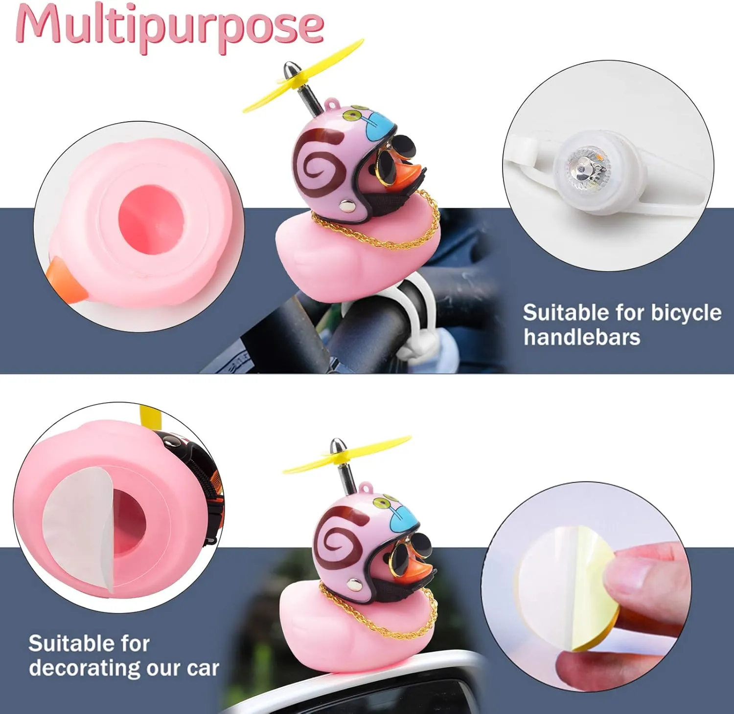 Rubber Duck Car Ornaments, 2Pcs Yellow Duck Car Dashboard Decorations Squeeze Duck Bicycle Horns with Propeller Helmet