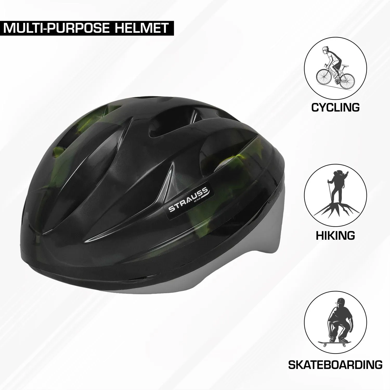 Strauss Adjustable Cycling Helmet , ELITE | Light Weight with Superior Ventilation | Mountain, Road Bike & Skating Helmet With Premium EPS Foam Lining| Ideal for Adults and Kids| Size: Junior (Black and Green)