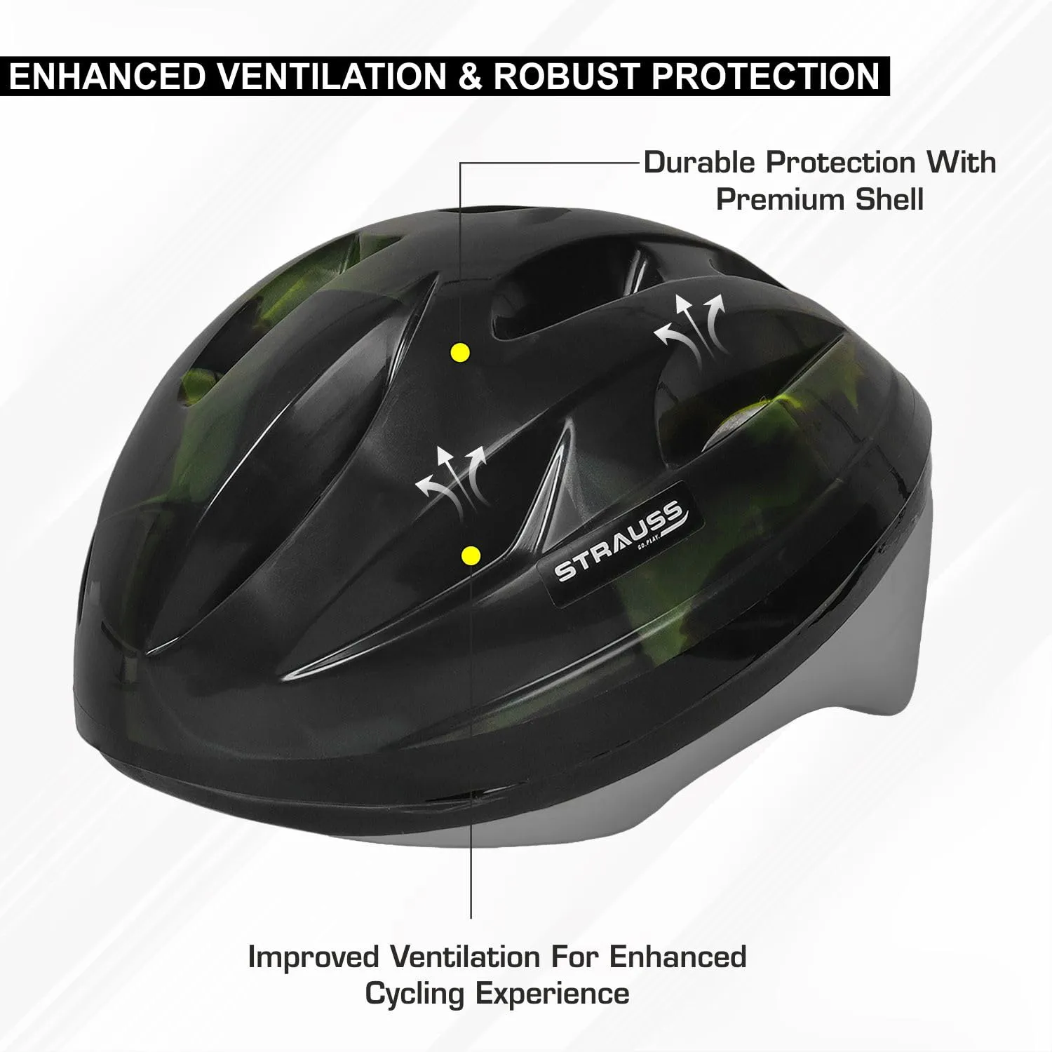 Strauss Adjustable Cycling Helmet , ELITE | Light Weight with Superior Ventilation | Mountain, Road Bike & Skating Helmet With Premium EPS Foam Lining| Ideal for Adults and Kids| Size: Junior (Black and Green)