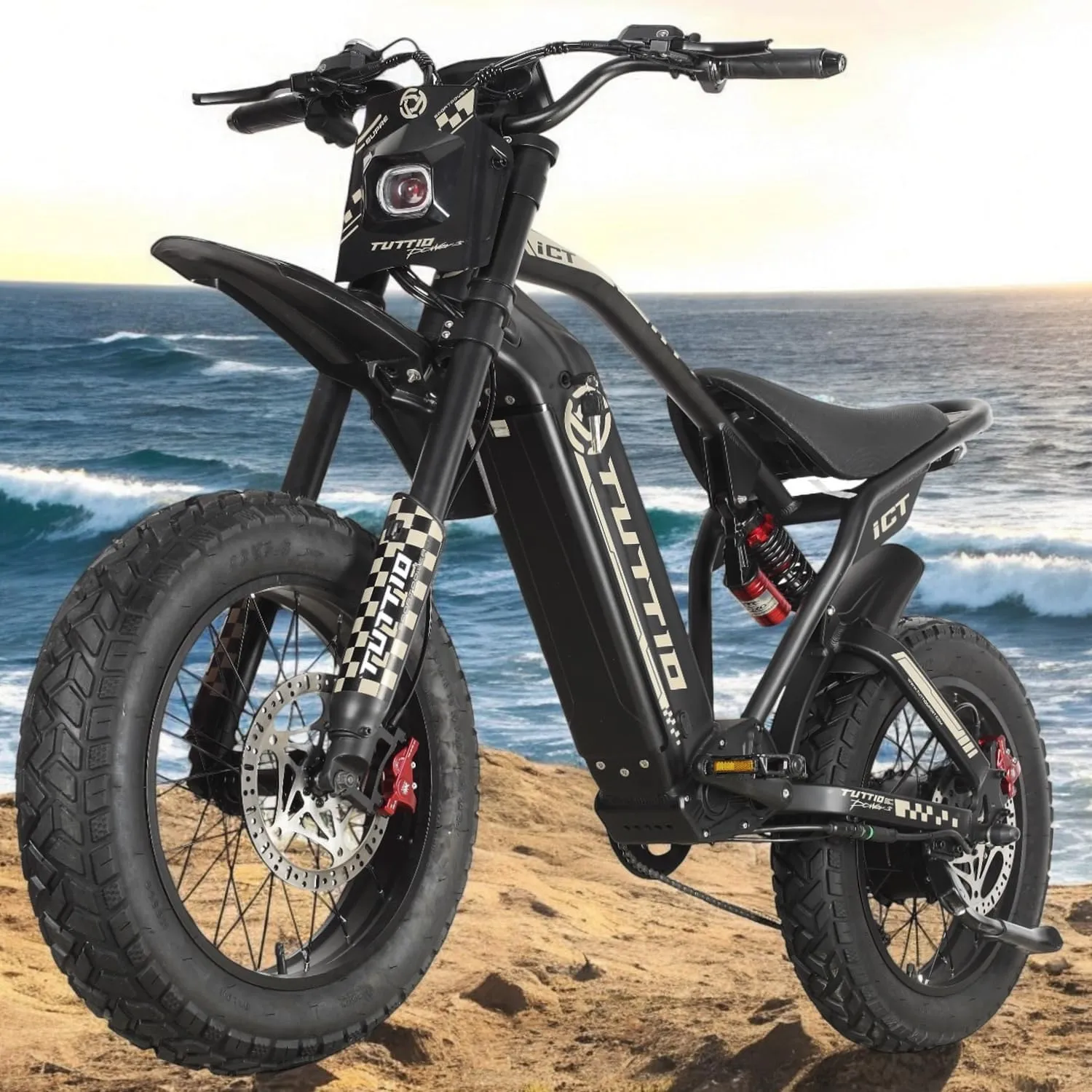 TUTTIO ICT Electric-Bike for Adults-Teens Age 16 , Peak 4000W-60V-25AH Electric-Dirt-Bike, 43-49MPH, 20" Fat-Tire-Electric-Motorcycle, Full Suspension E-bike for Mountain Snow Off-Road Commuter School
